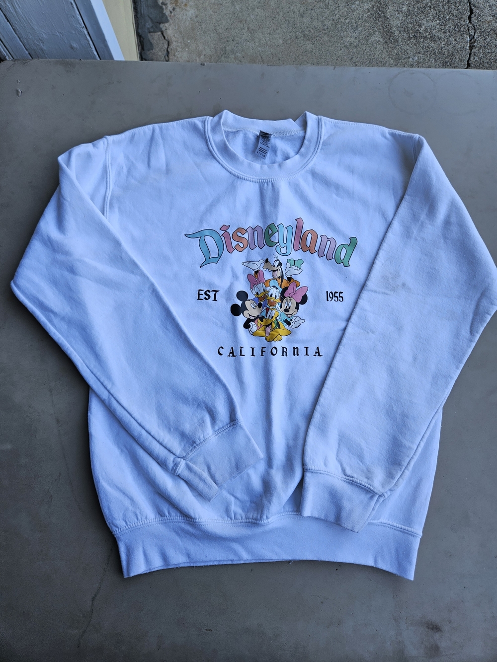 Gildan White Crewneck Sweatshirt with Pastel Disneyland Graphic